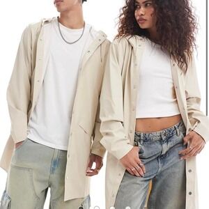 RAINS Cream lightweight button down rain jacket with hood